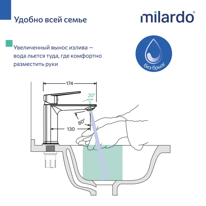 Смеситель для умывальника, хром глянцевый, Poli, Milardo (POLSB00M01)