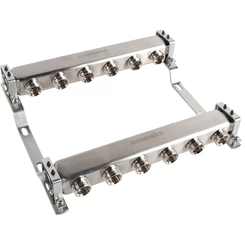 Коллектор Rommer 1"x3/4" на 6 контуров для радиаторной разводки (нерж. сталь) (RMS-4401-000006)