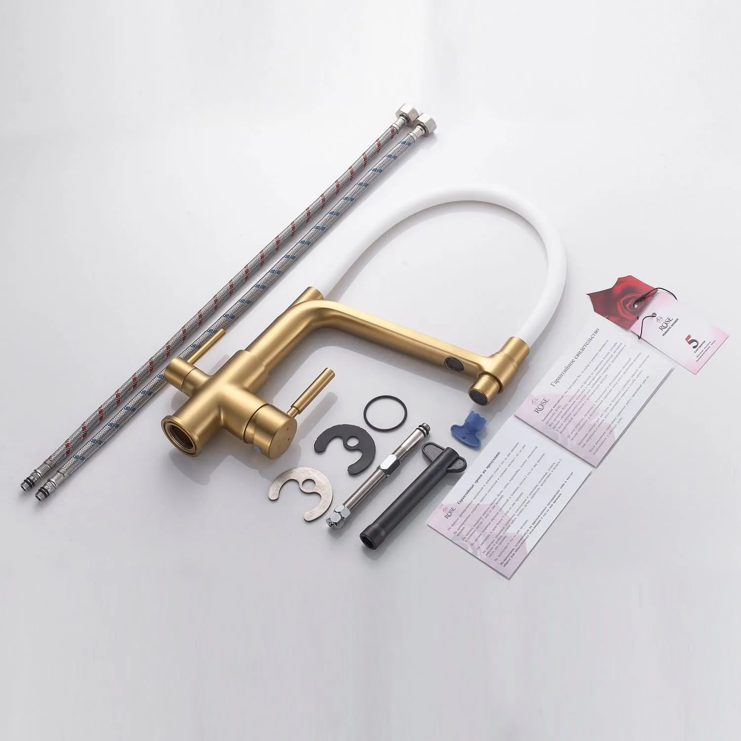 Смеситель для кухни с подключением фильтра воды Rose R658G, золотой сатин