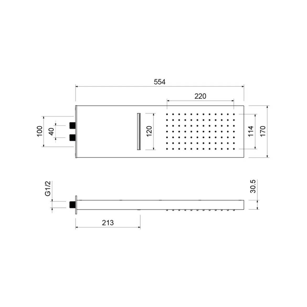 AQ2085MB настенный верхний душ 2 jet 550*170*30 мм, матовый черный
