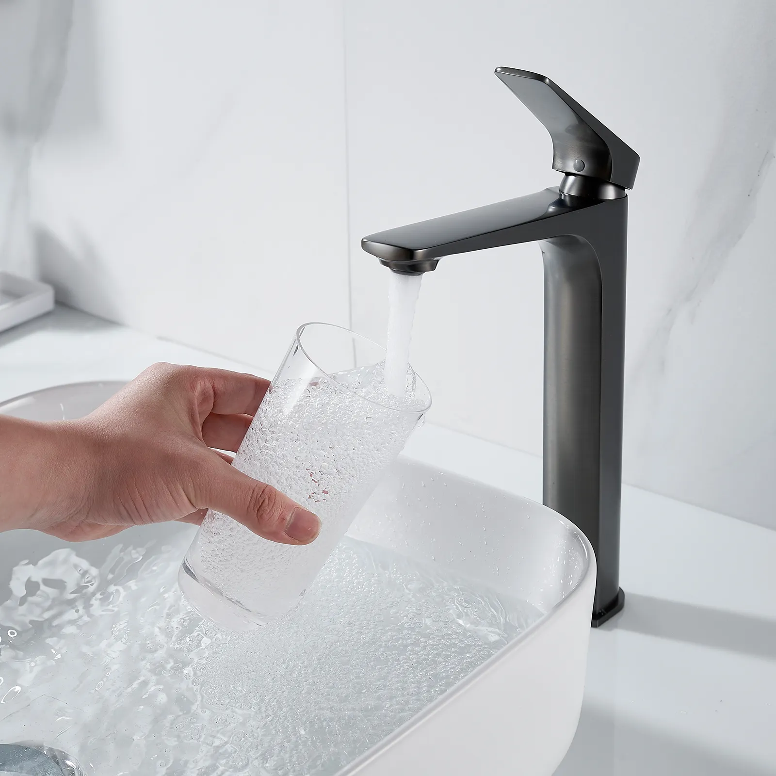 Смеситель для раковины высокий Shevanik S4211T, оружейная сталь