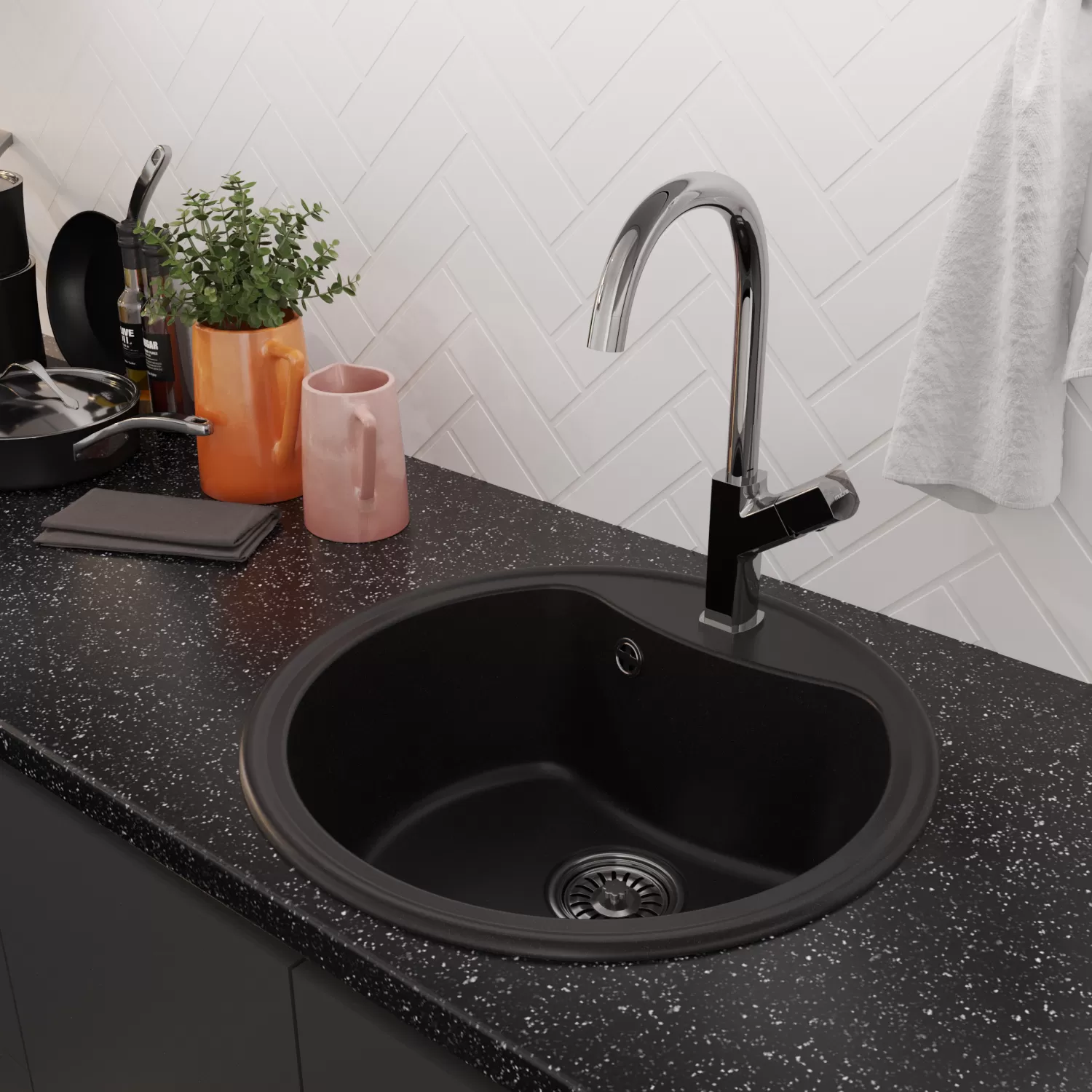 Мойкa MIXLINE ML-GM09 круглая  ультра-черная  (344) 510 мм (глуб. чаши 190) NEW (551805)