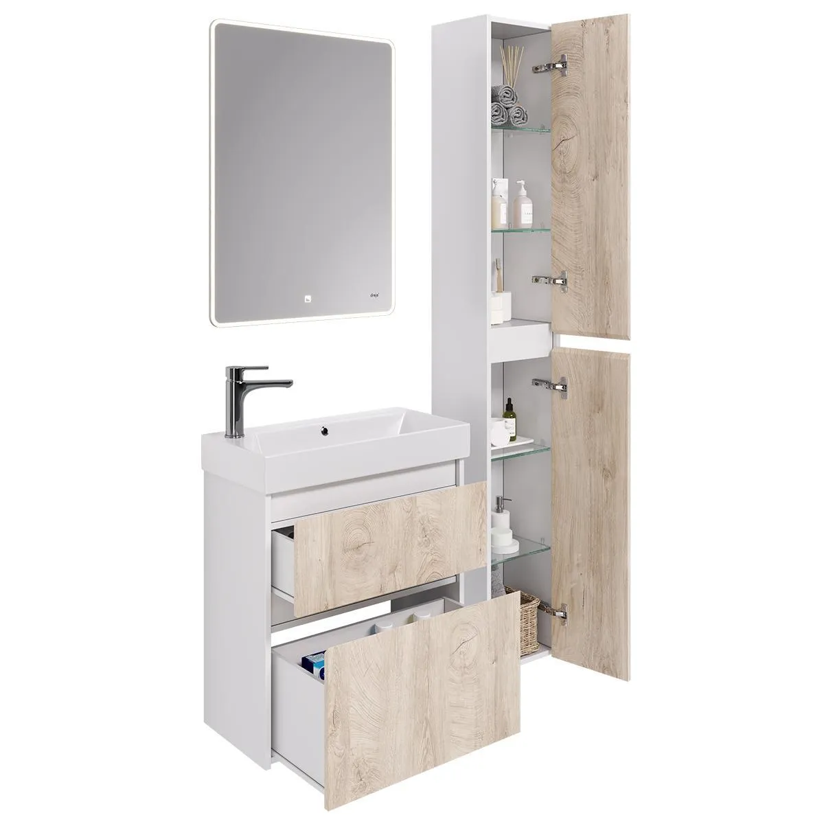 Тумба с раковиной подвесная Dreja Slim 65 см, белый/дуб кантри