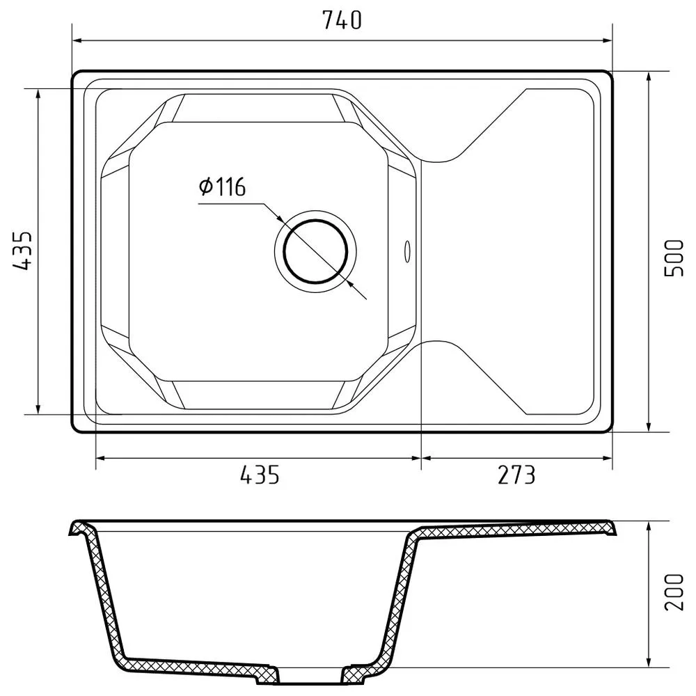Кухонная мойка GranFest UNIQUE 740L, иней