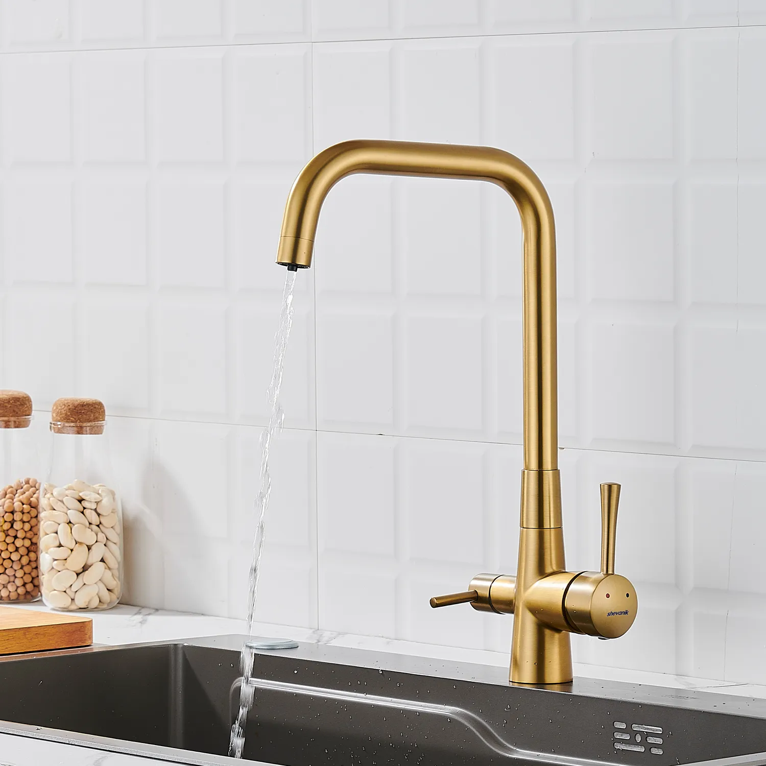 Смеситель для кухни с подключением фильтра Shevanik S528G, золотой сатин