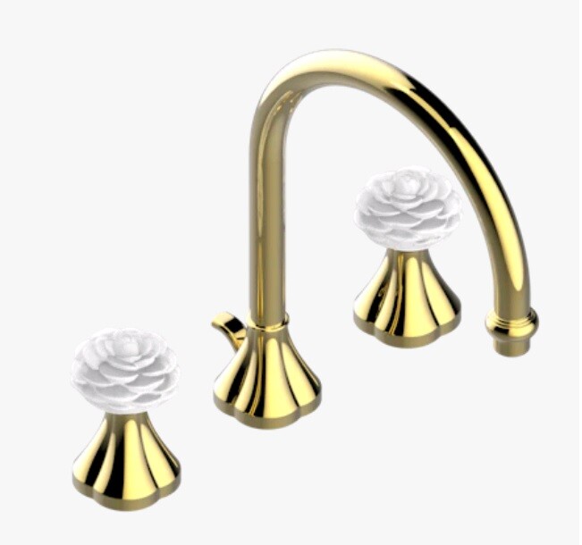 Смеситель для раковины THG Camélia Clear crystal ручки-цветок камелии в белом цвете, золотистый PVD (U5L H52 151)