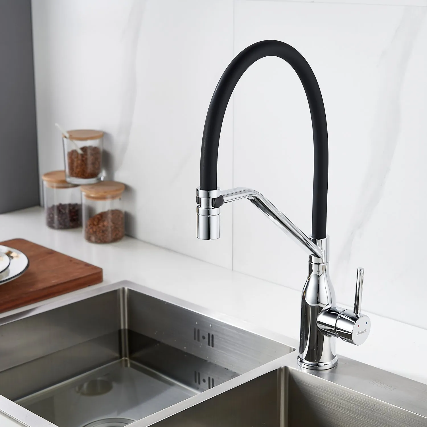 Смеситель для кухни с гибким изливом Shevanik S343-3, хром