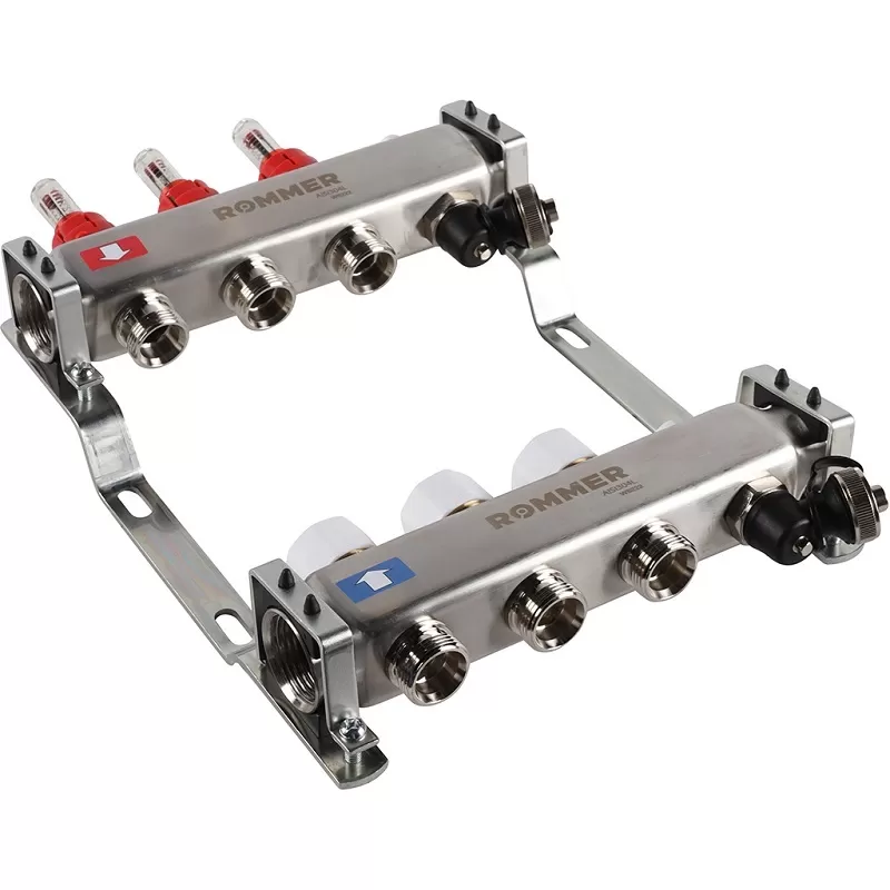 Коллектор Rommer 1"x3/4" на 3 контура с расходомерами и запорными клапанами (RMS-1201-000003)