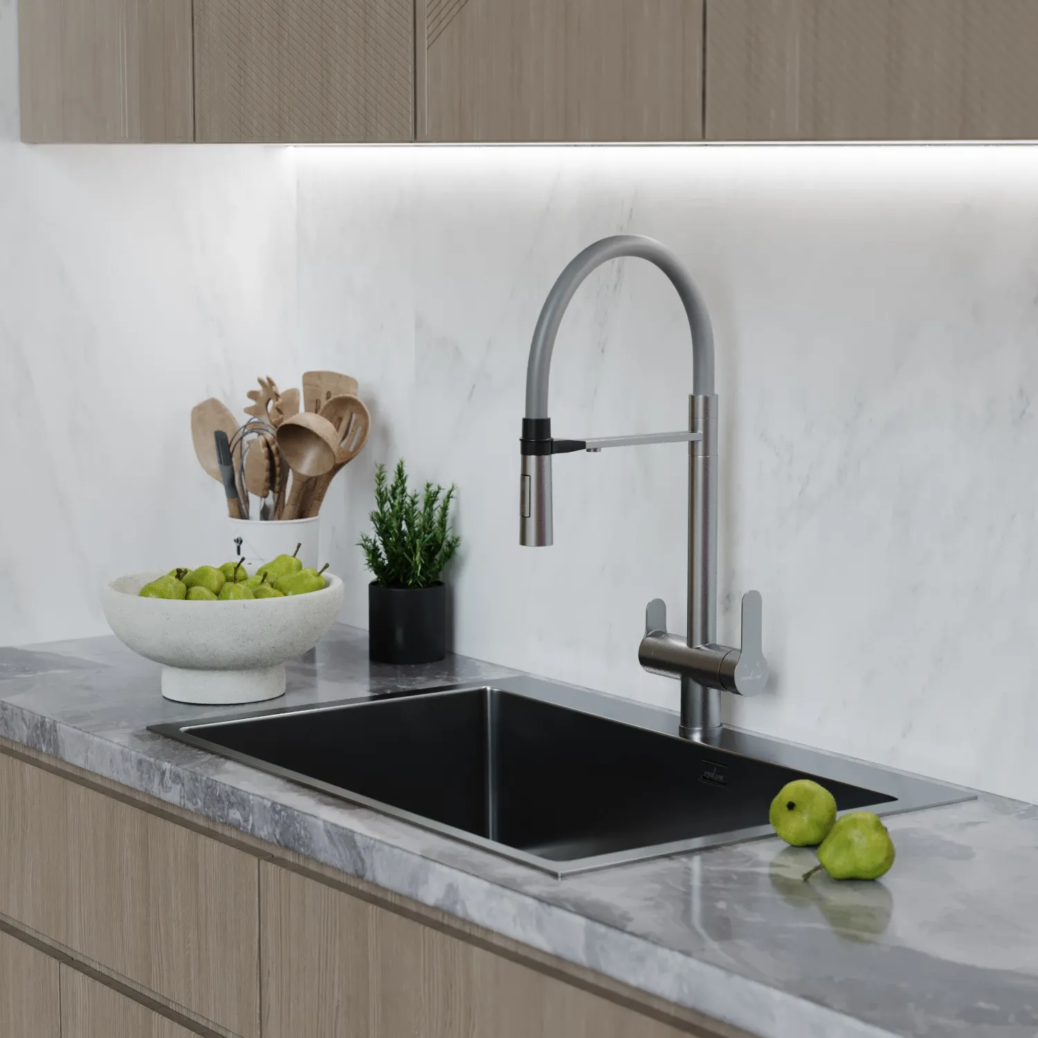 Смеситель для кухни 35k MIXLINE МЛНС-0401/MLSS-0401 СЕРЫЙ гиб.изл магнит,под.к фильтру,п/гайку САТИН (556010)