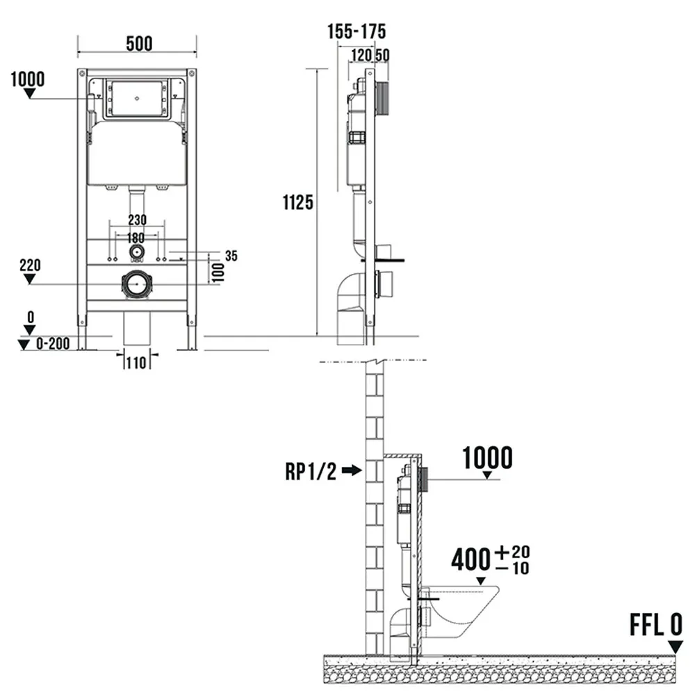 Пневматическая система инсталляции для подвесного унитаза 4 в 1 Terminus, с клавишей