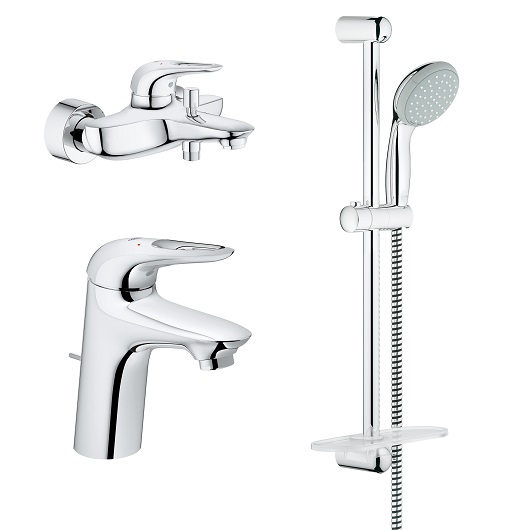 Комплект смесителей с душем GROHE Eurostyle New смеситель для ванны, раковины, душевой гарнитур, хром (арт. 124416)