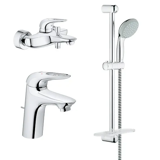Комплект смесителей с душем GROHE Eurostyle New смеситель для ванны, раковины, душевой гарнитур, хром (арт. 124416)