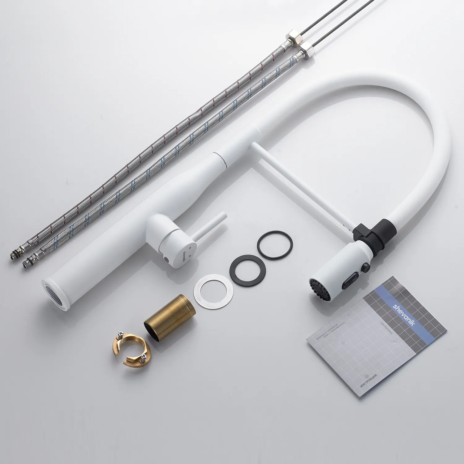 Смеситель для кухни с гибким изливом и режимом "душ" Shevanik S123C-1, белый