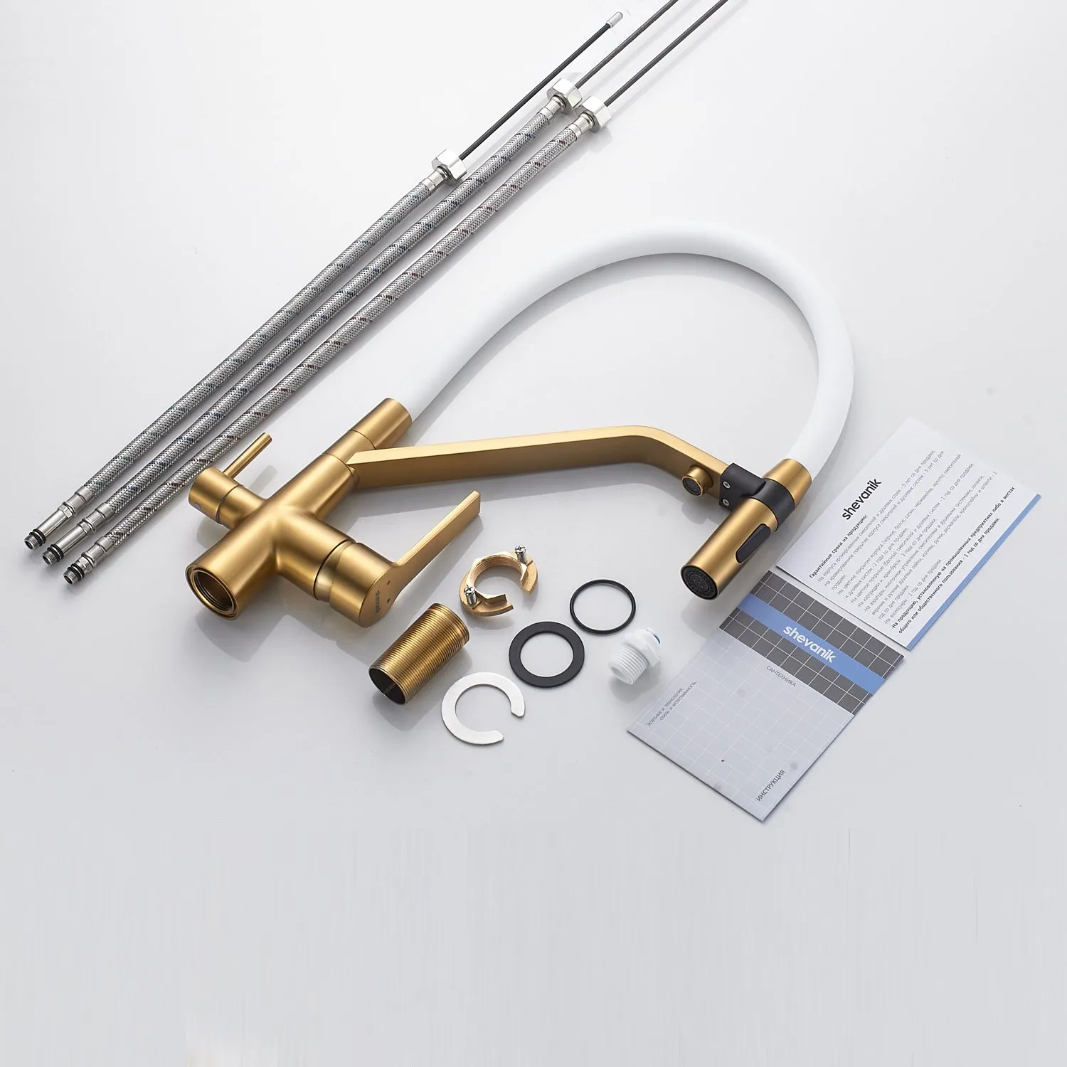 Смеситель для кухни с гибким изливом и подключением фильтра Shevanik S278G, золотой сатин