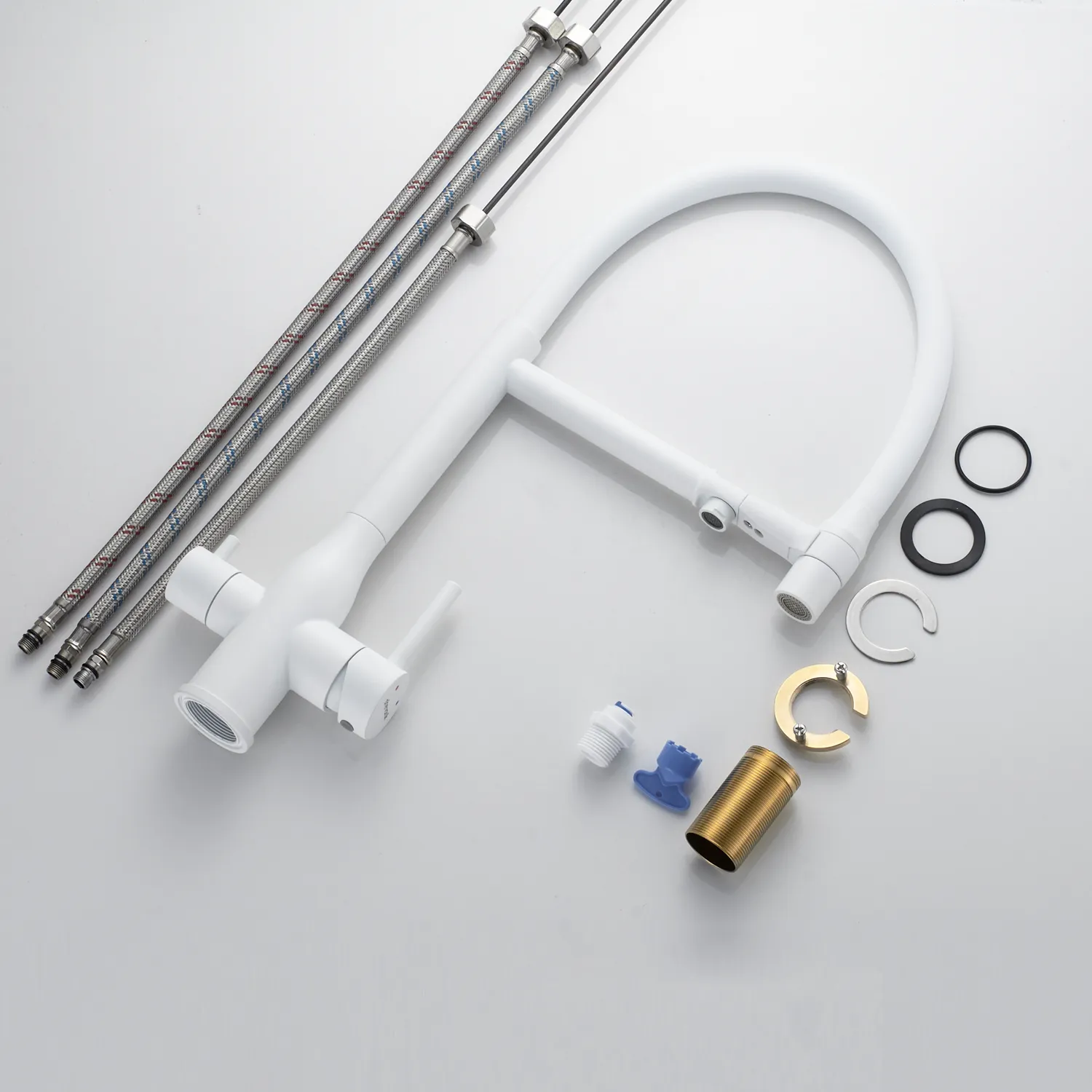 Смеситель для кухни с гибким изливом и подключением фильтра Shevanik S378C, белый