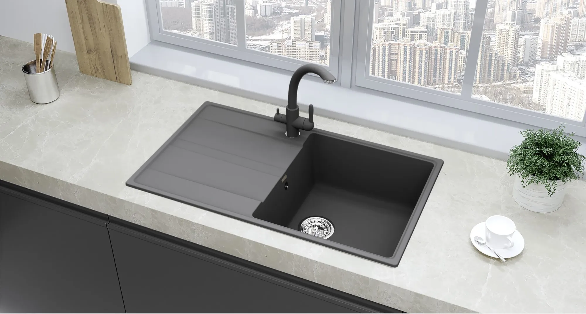 Кухонная мойка Ulgran Quartz Prima 850-09, мокрый асфальт