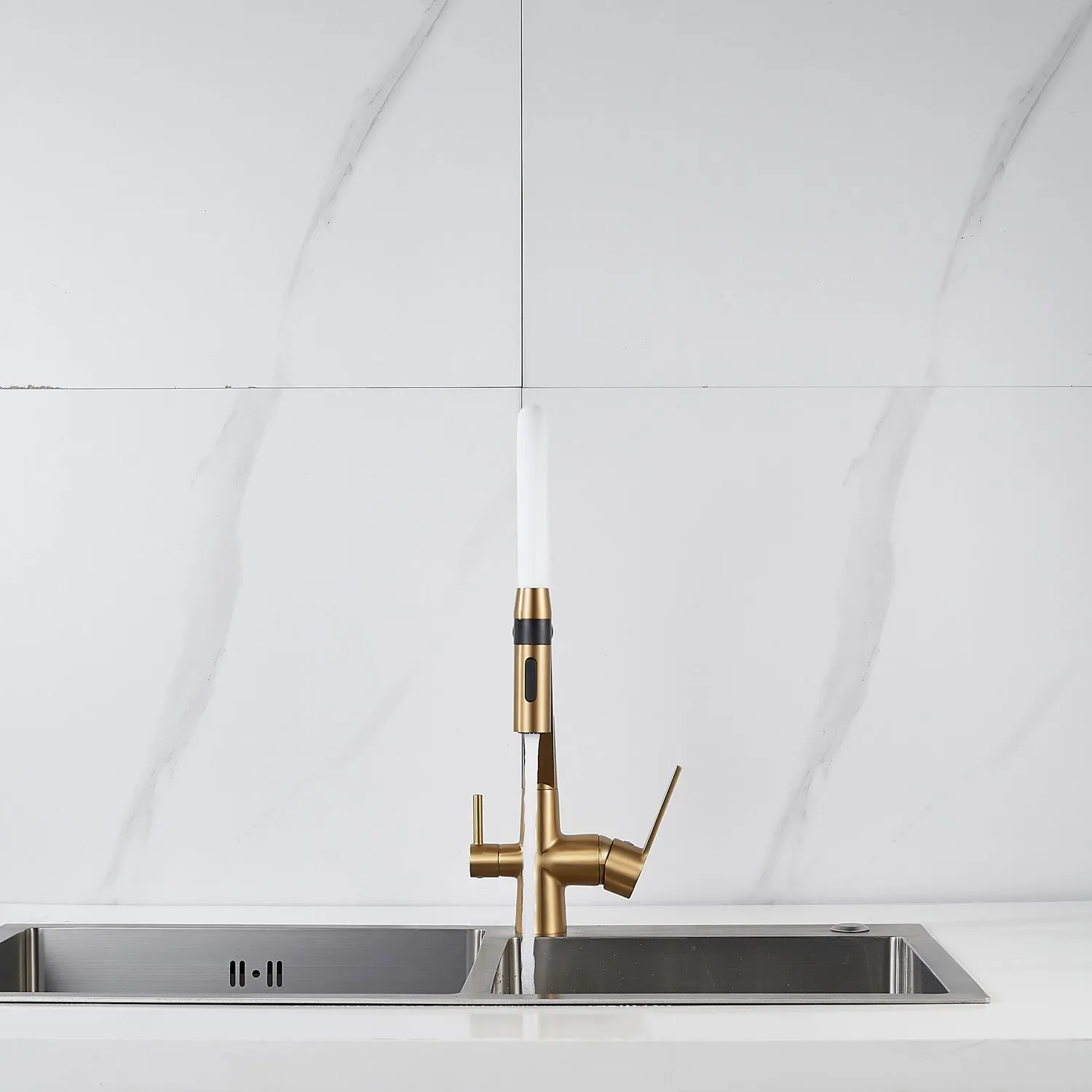 Смеситель для кухни с гибким изливом и подключением фильтра Shevanik S278G, золотой сатин