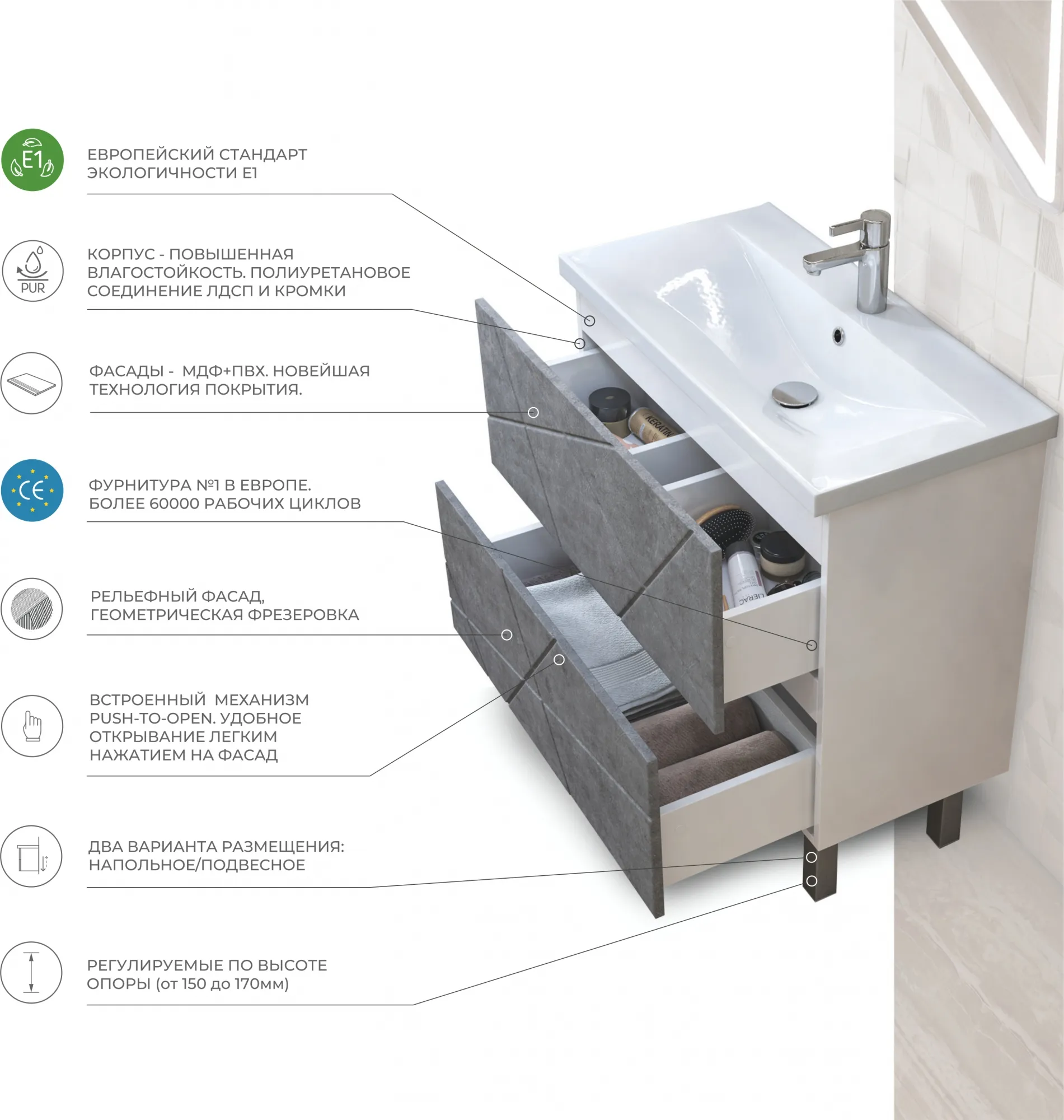 Тумба с раковиной напольная VIGO Geometry tn.GEO.FOS.50.2Y бетон, 50 см