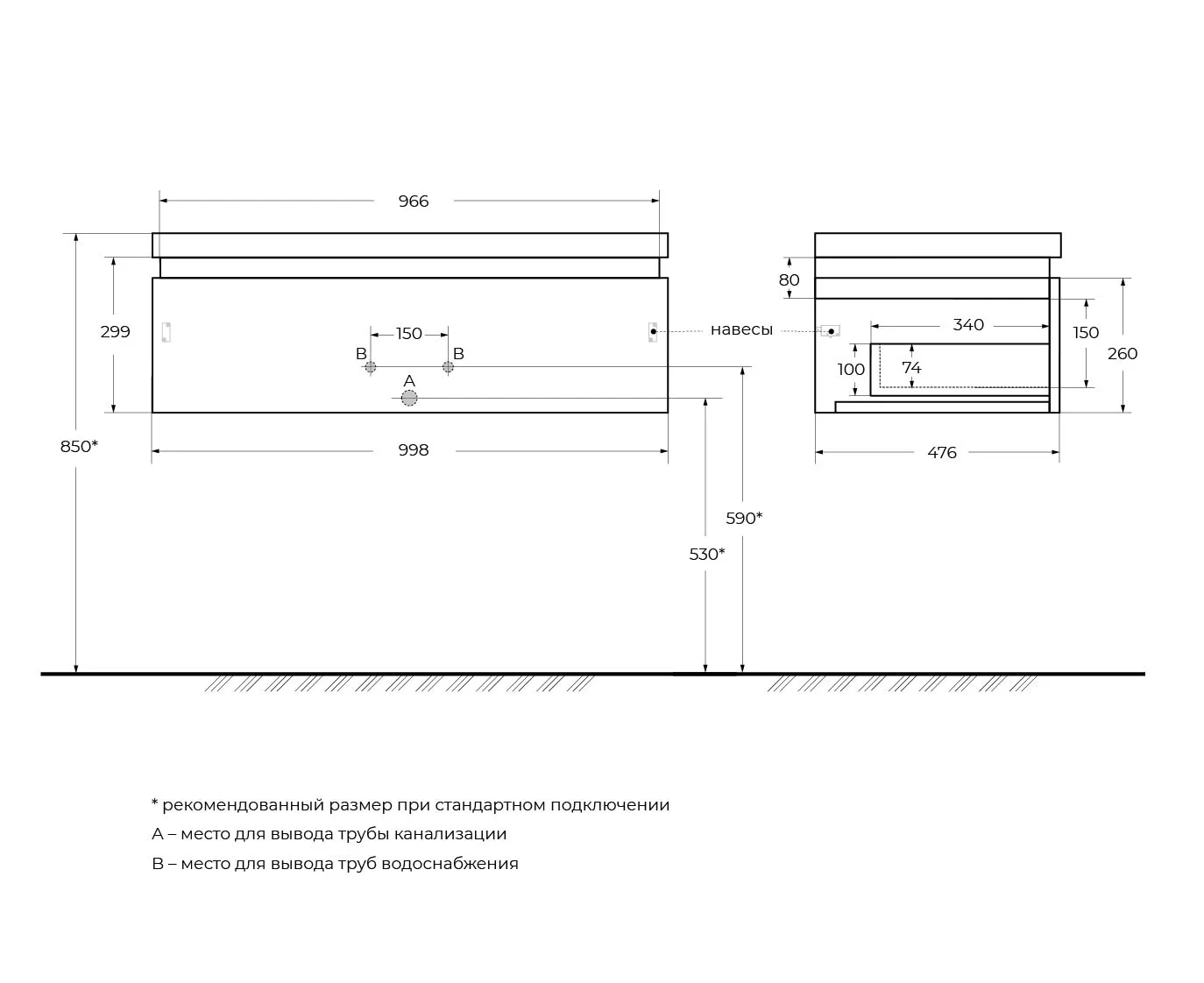 База под раковину подвесная Cezares Slider 966х476х299, Bianco Opaco (SLIDER-1000-1C-SO-BO)