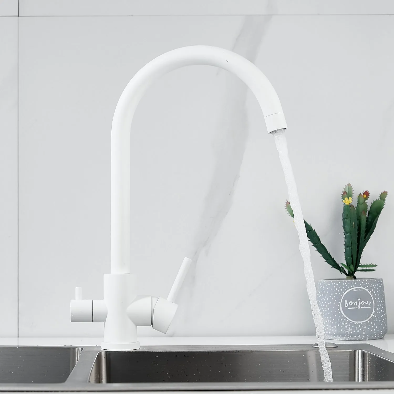 Смеситель для кухни с подключением фильтра воды Raffine F108C, белый