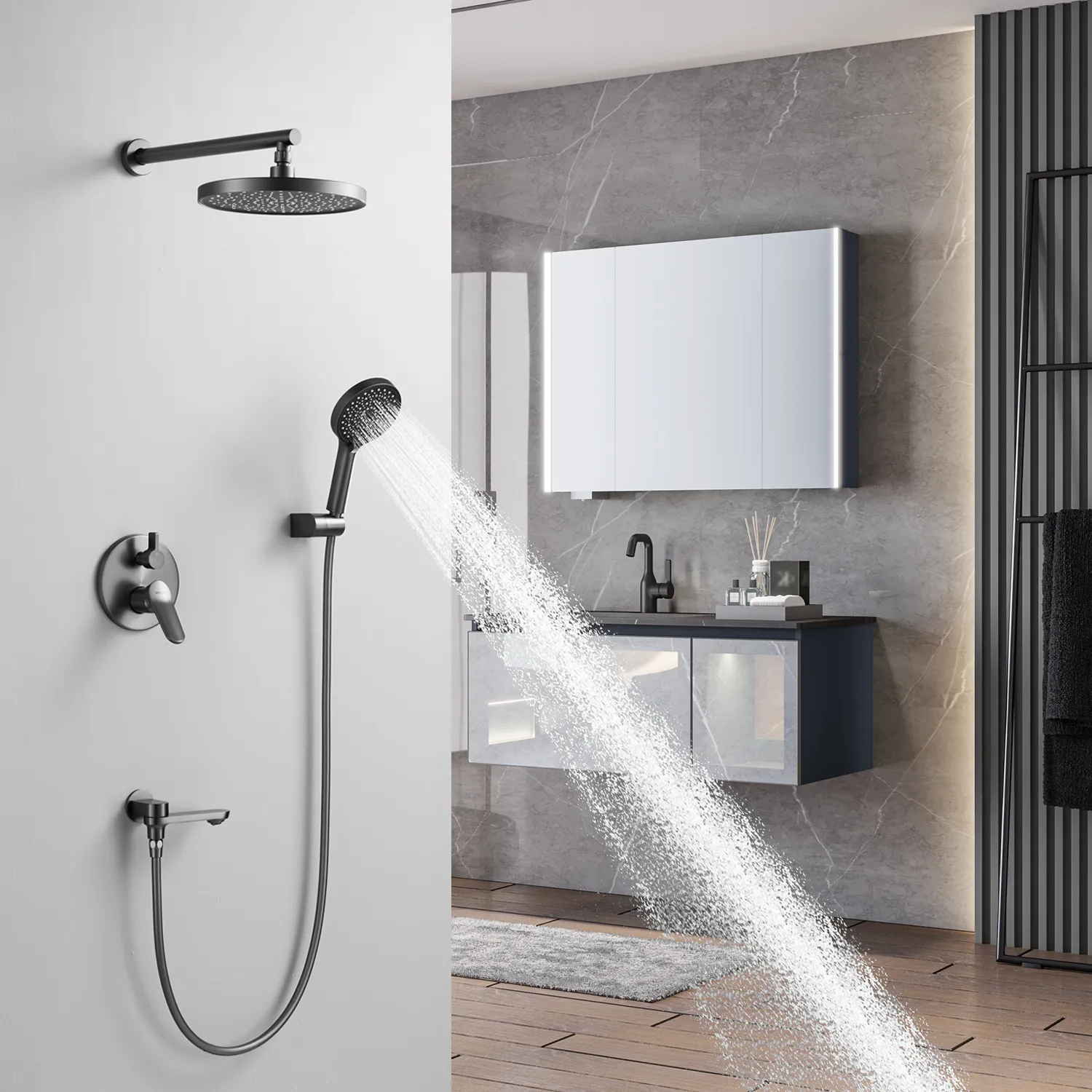 Душевая система встраиваемая Shevanik S4335T, оружейная сталь