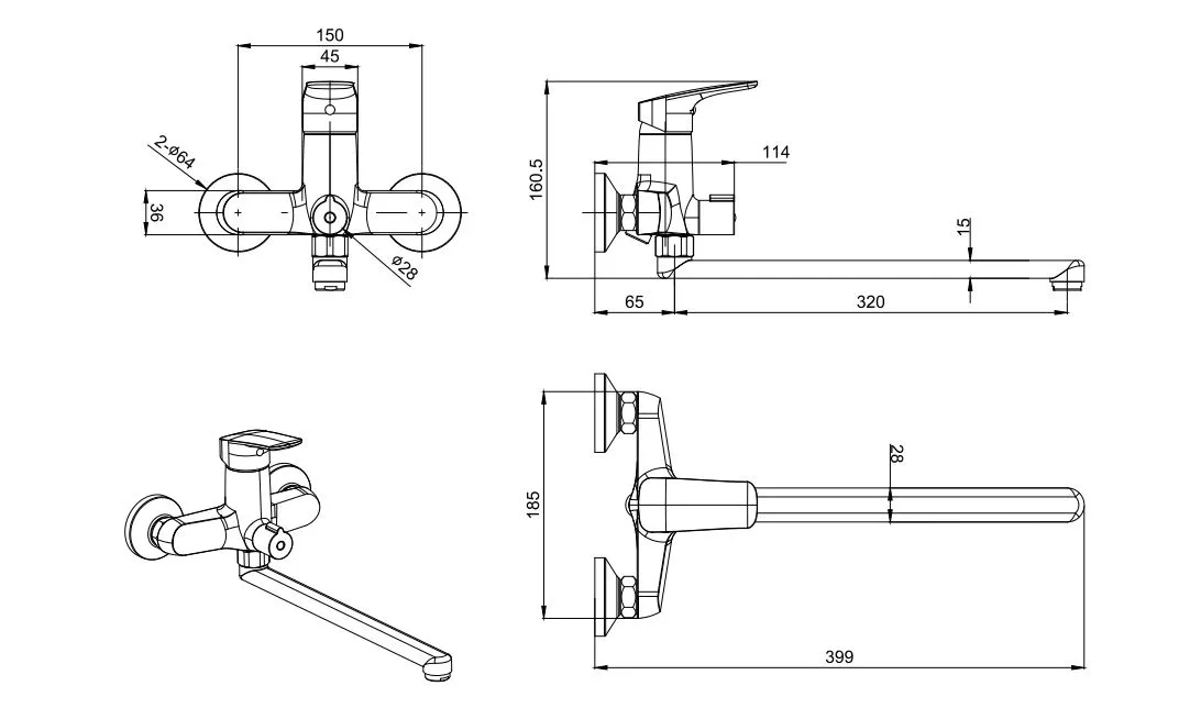 Смеситель для ванны AQUATEK ВЕГА AQ1042CR, длинный излив