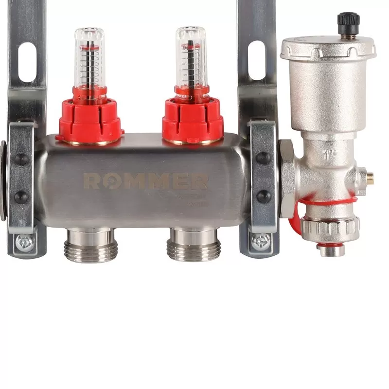 Коллектор Rommer 1"x3/4" на 2 контура с расходомерами в сборе (нерж. сталь) (RMS-1210-000002)