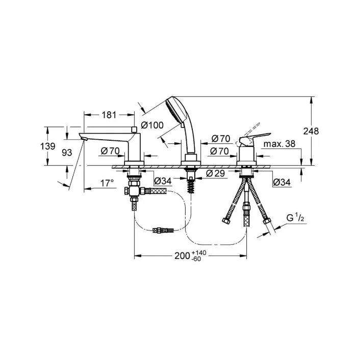 2511700A BauEdge Смеситель для ванны на 3 отверстия, на край ванны, хром