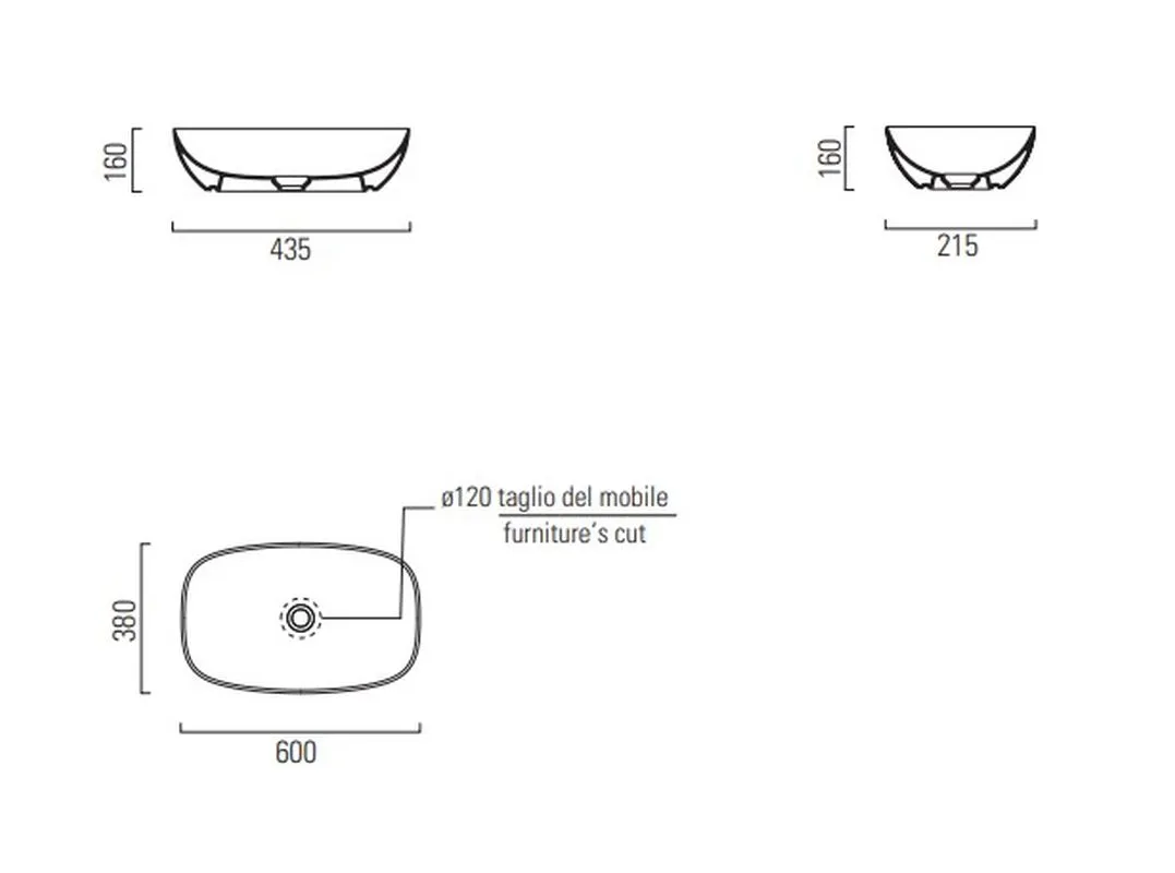 Раковина - чаша GSI NUBES 380 мм х 600 мм, без отверстия под смеситель, без перелива, белая глянцевая (978311)