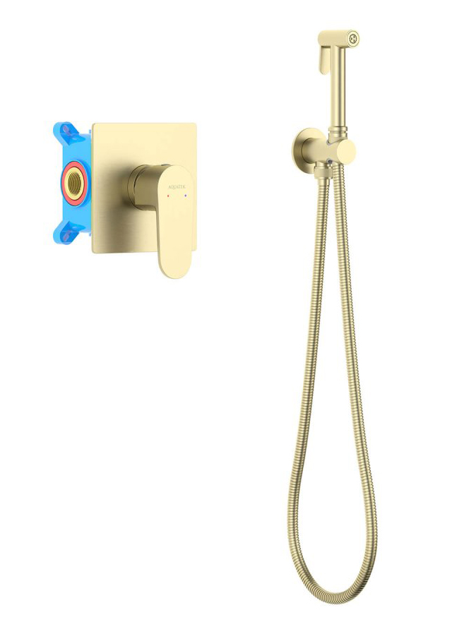 AQ1219BG ОБЕРОН набор с гигиеническим душем (смеситель + гигиеническая лейка + шланг + шланговое подсоединение с держателем), шлиф. золото