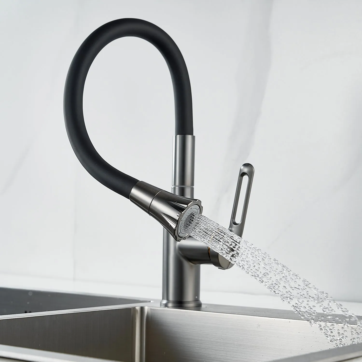 Смеситель для кухни с гибким изливом Raffine F303T-3, оружейная сталь