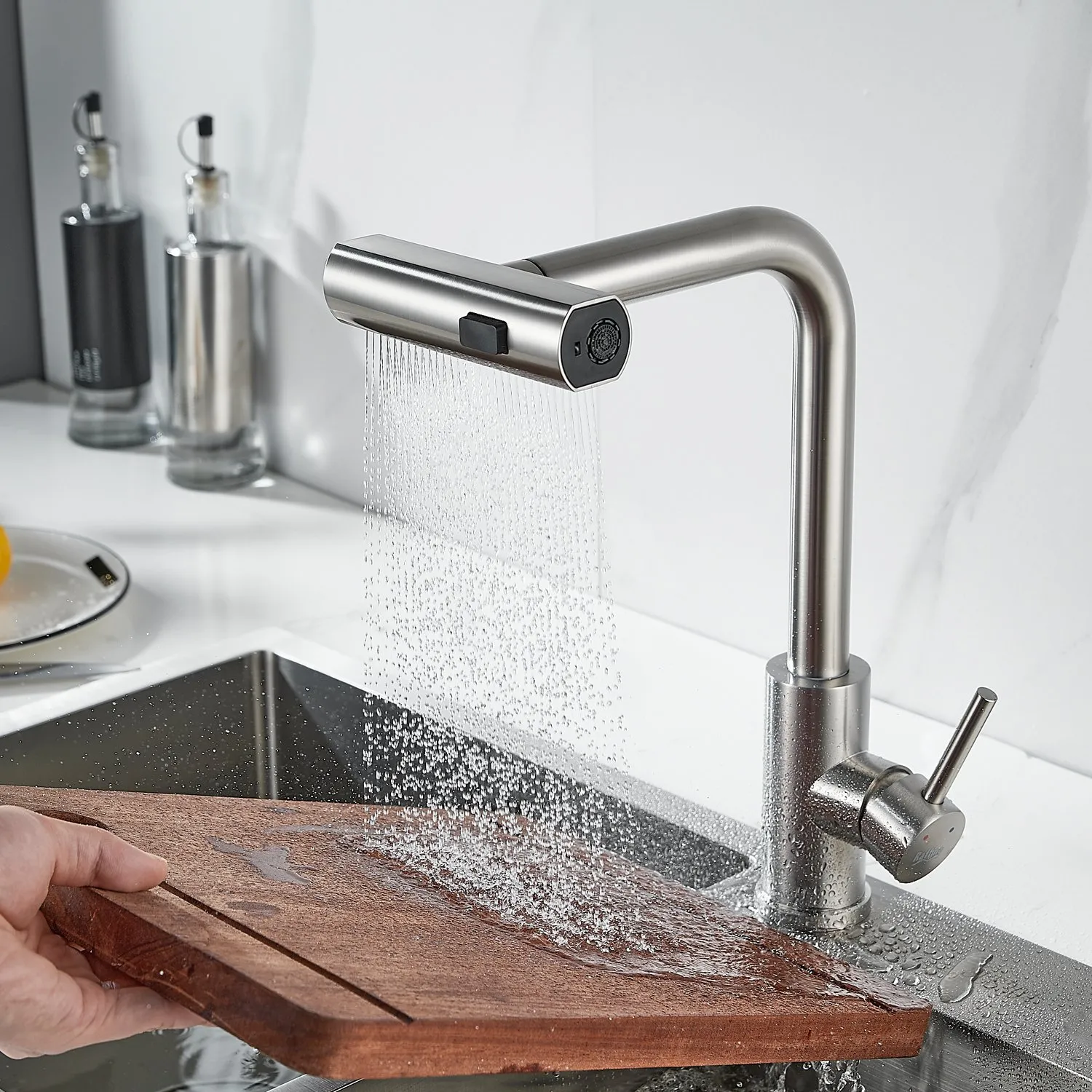 Смеситель для кухни с мультифункциональным изливом Raffine F203L, сатин