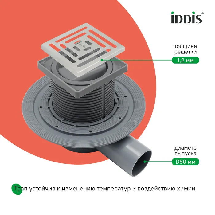 Трап душевой IDDIS Перфекс (Perfex) сифон 360, комбинированный затвор, 10х10см, хром (980DS10SB4CDZ)