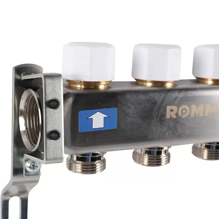Коллектор Rommer 1"x3/4" на 4 контура с запорными клапанами (нерж. сталь) (RMS-3200-000004)
