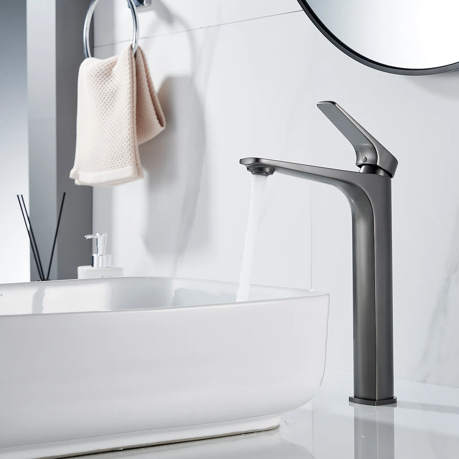 Смеситель для раковины высокий Shevanik S4211T, оружейная сталь