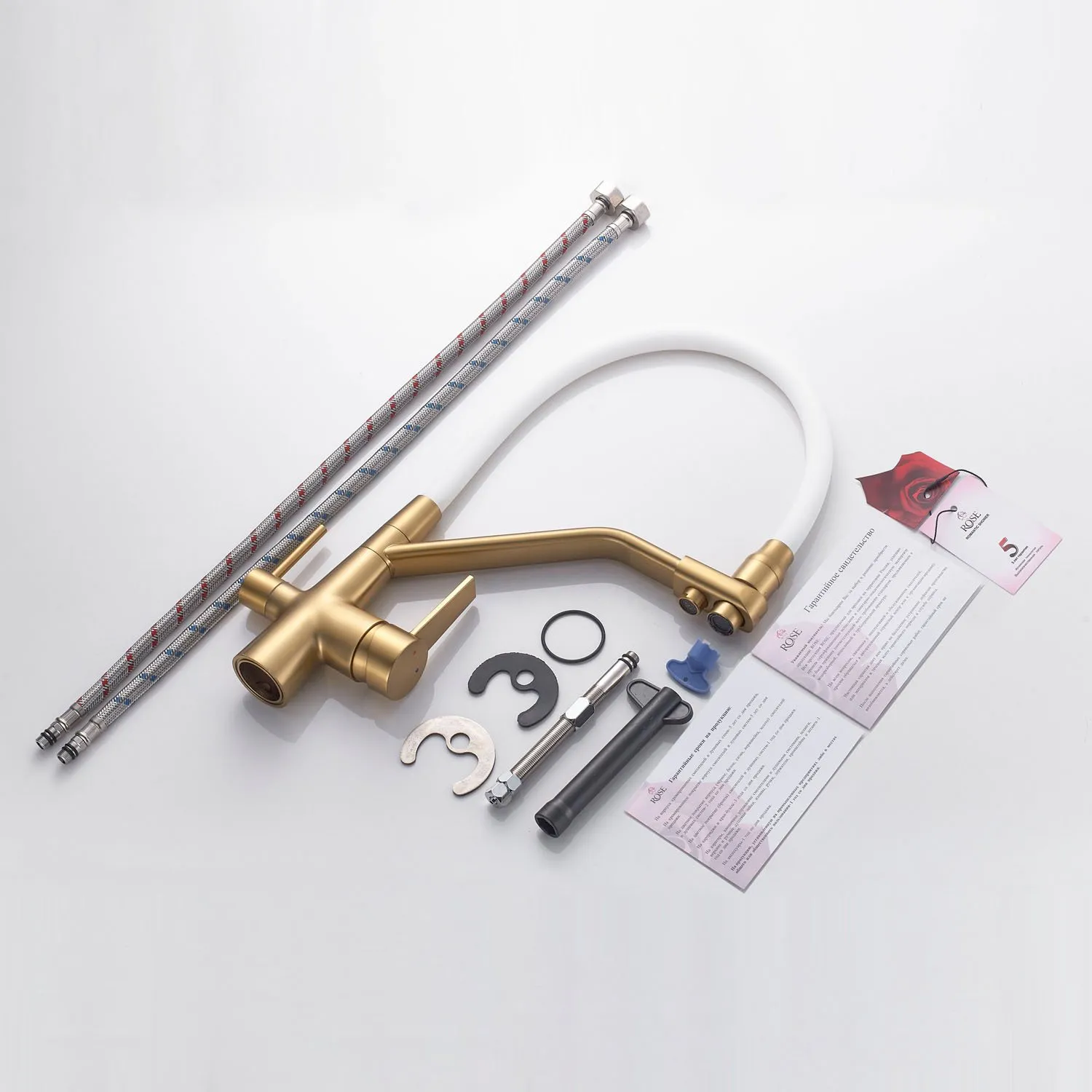 Смеситель для кухни с подключением фильтра воды Rose R558G, золотой сатин