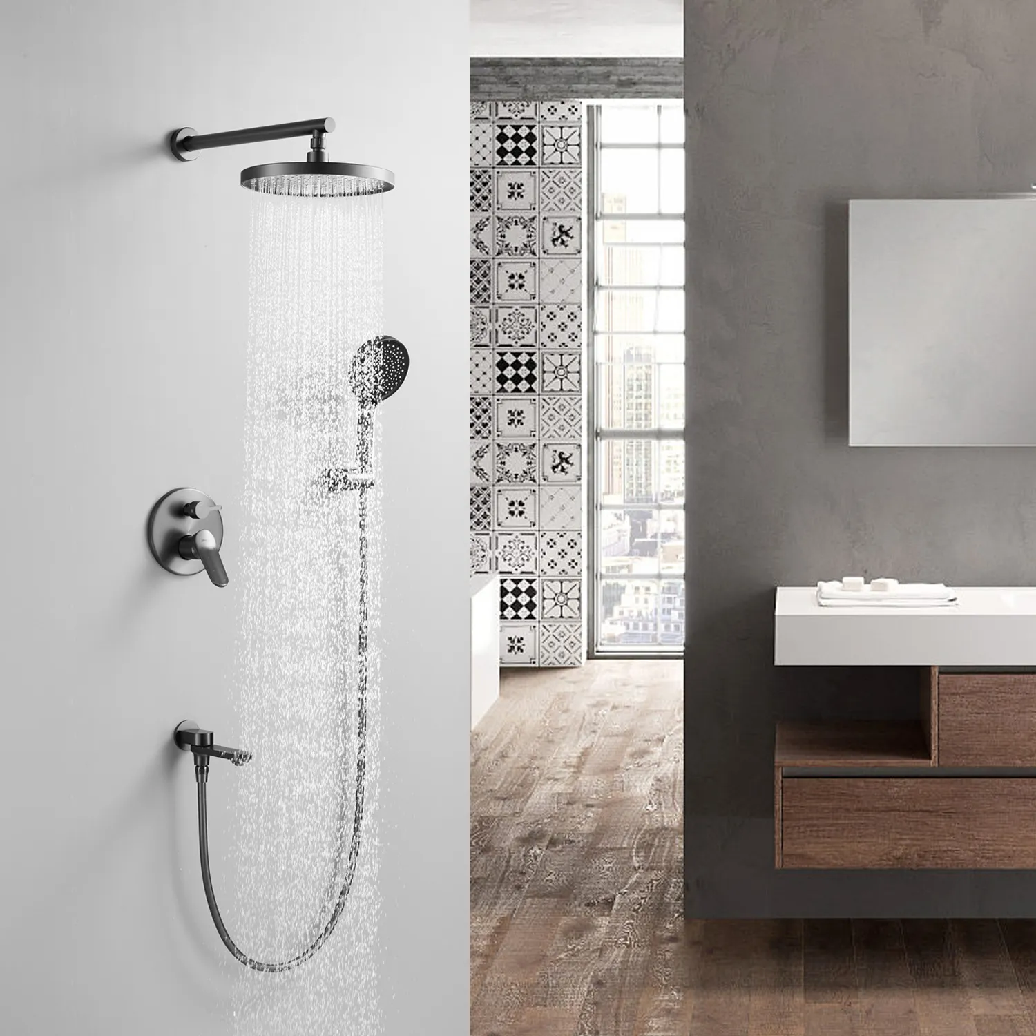 Душевая система встраиваемая Shevanik S4335T, оружейная сталь