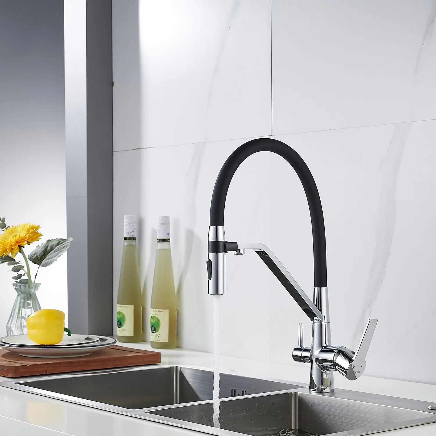 Смеситель для кухни с гибким изливом и подключением фильтра Shevanik S278, хром