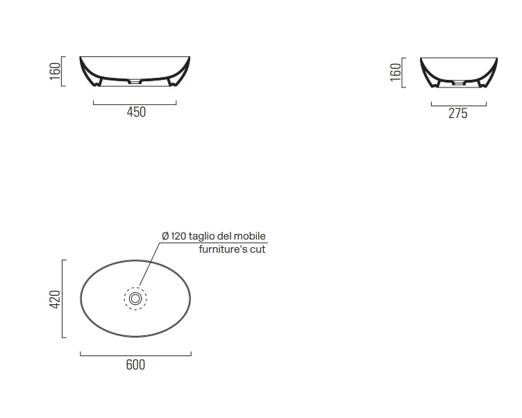 Раковина-чаша накладная GSI PURA 420 мм х 600 мм, без отверстия под смеситель, без перелива, белый глянцевый (884211)