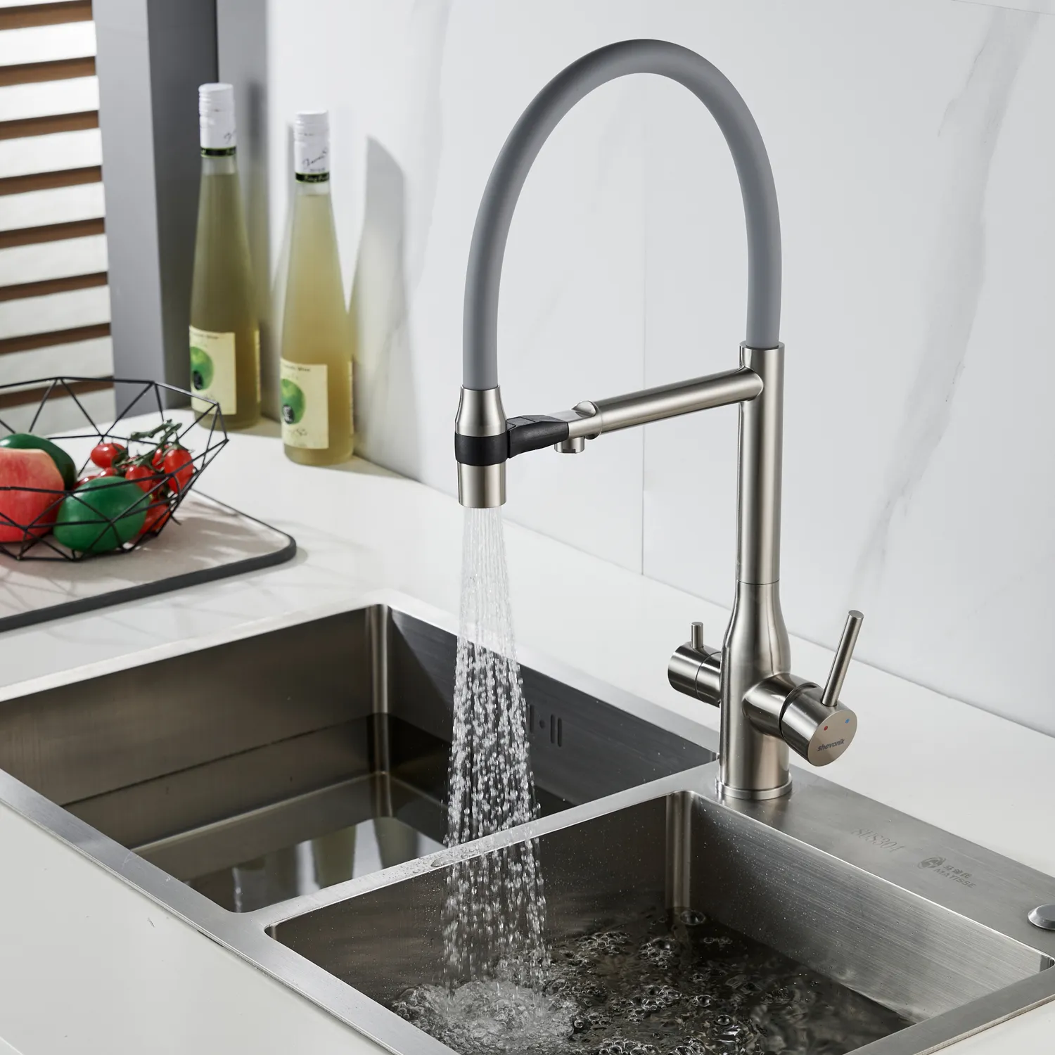 Смеситель для кухни с гибким изливом и подключением фильтра Shevanik S378L, сатин