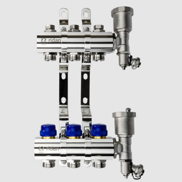 Комплект коллекторов Ридан FHF-4R 4 контура: с кронштейнами и торцевыми секциями с автоматическими воздухоотводчиками