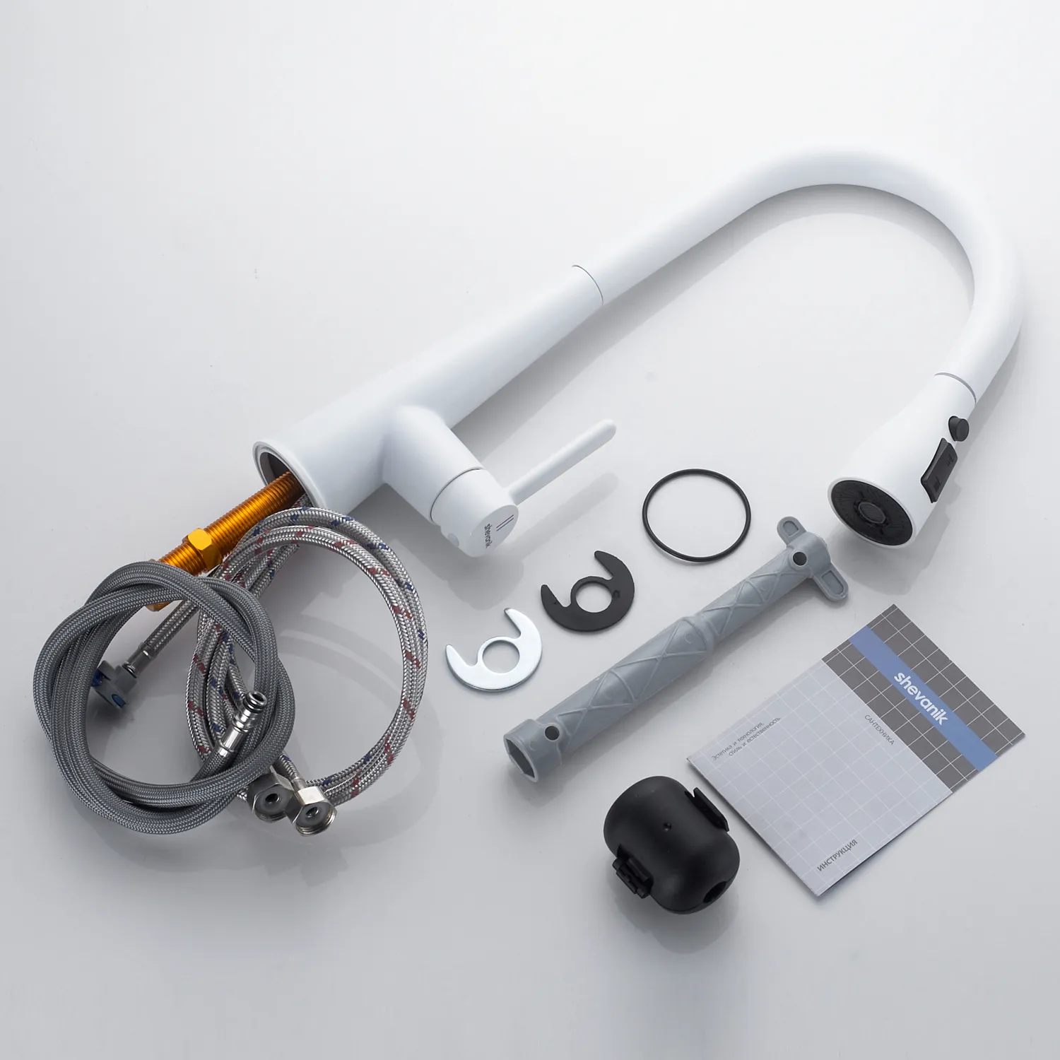 Смеситель для кухни с выдвижным изливом Shevanik S363C, белый