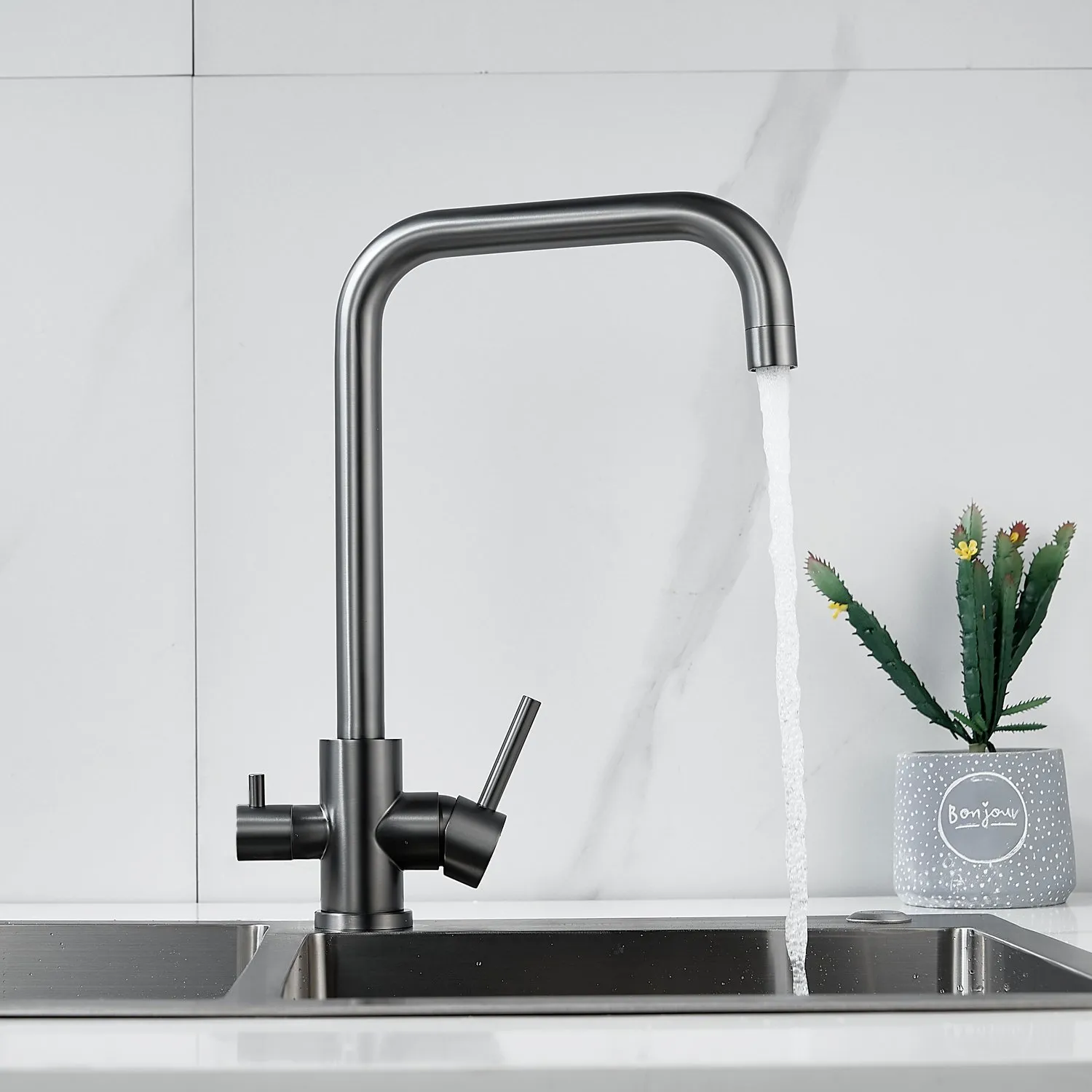 Смеситель для кухни с подключением фильтра воды Raffine F118T, оружейная сталь