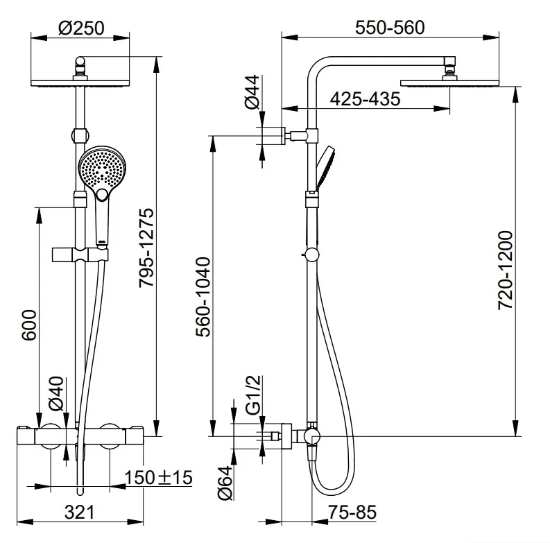 53926012321 PLAN BLUE Душевая стойка с термостатом, верх.душ d250, ручн.душ 3х режим, шланг 160 см, хром