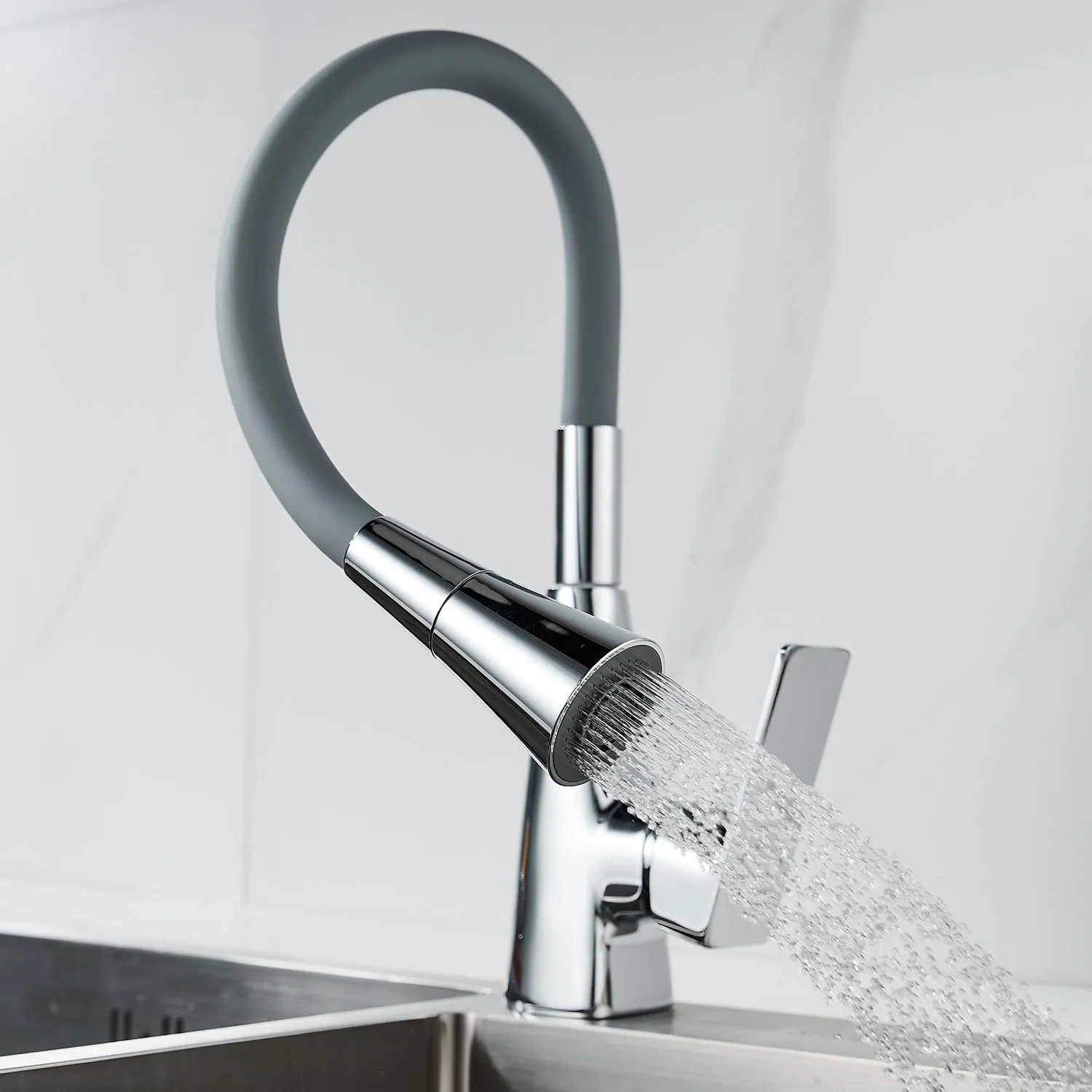 Смеситель для кухни с гибким изливом Shevanik S543-9, хром/серый