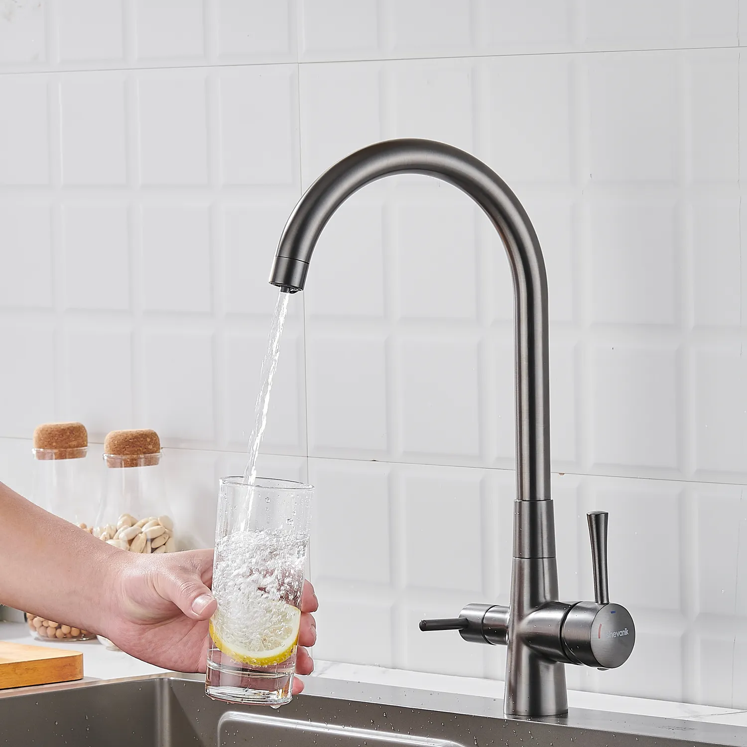 Смеситель для кухни с подключением фильтра Shevanik S428T, оружейная сталь