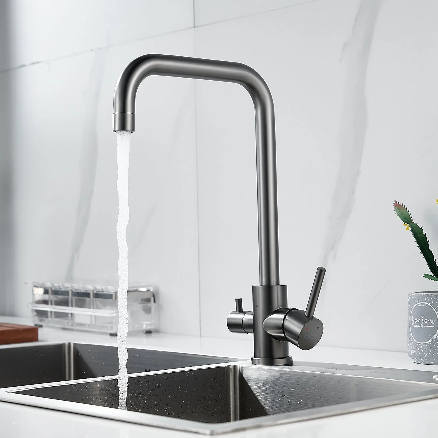 Смеситель для кухни с подключением фильтра воды Raffine F118T, оружейная сталь