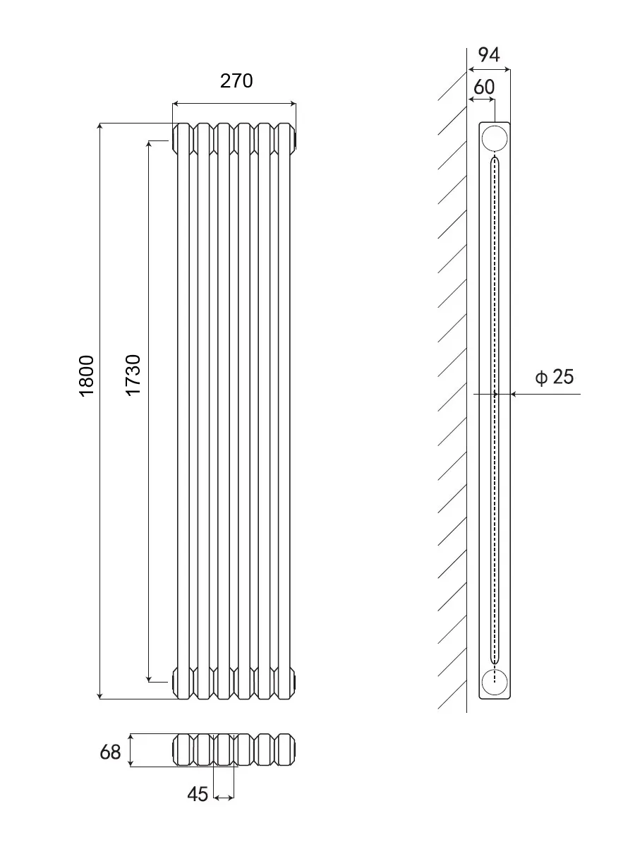Стальной трубчатый радиатор Kohr Heim 2180/07 секций  белый H01 с нижним подключением
