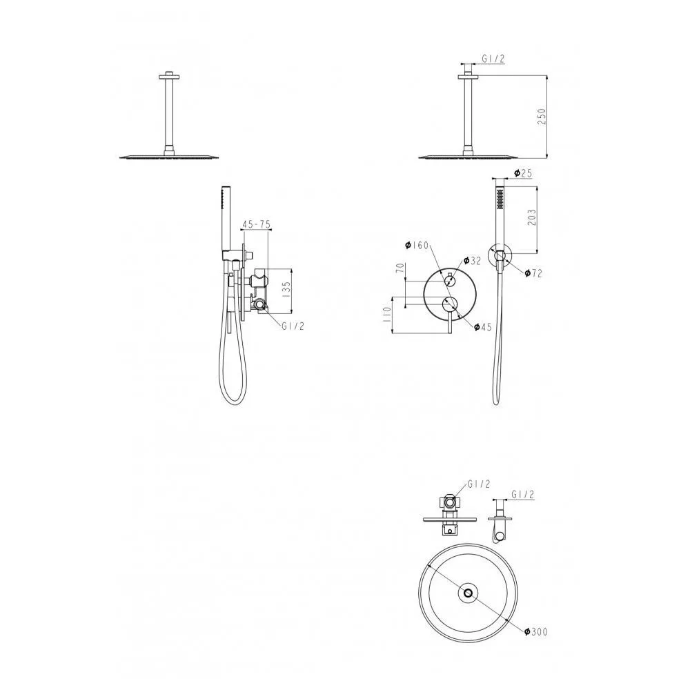 Душевая система встраиваемая (без излива) Grocenberg GB5099MG-4, матовое золото