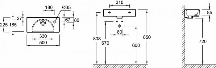 Компактный рукомойник Jacob Delafon Odeon RG EGO112-56-00 50 см*22 см (отверстие справа)